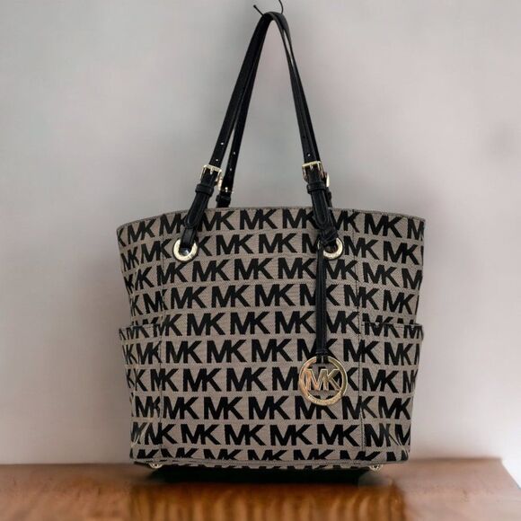 Michael Kors Jet Set Black & Tan Monogram Signature MK Tote Bag - Picture 1 of 16